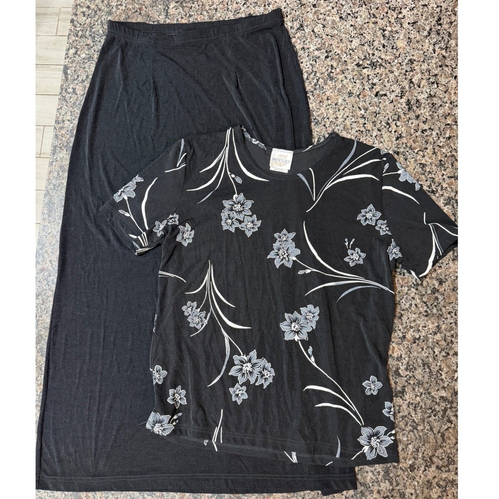 TR Bentley Womens XL Black Floral 2 Piece Skirt Set Short Sleeve Maxi Skirt USA